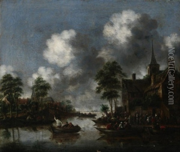Dorffest Am Ufer Eines Flusarmes, Auf Dem Wasser Zahlreiche Ubersetzende Ruderboote Oil Painting - Thomas Heeremans