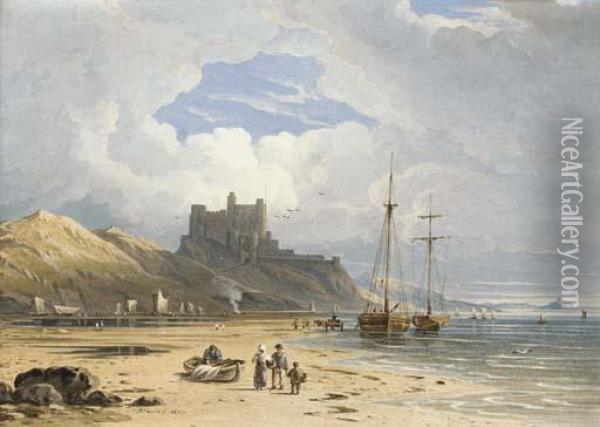 Bamborough Castle From The North-east, With Holy Island In The Distance, Northumberland Oil Painting - John Varley
