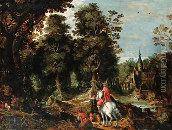 A wooded River Landscape with Sportsmen near a Castle Oil Painting - David Vinckboons