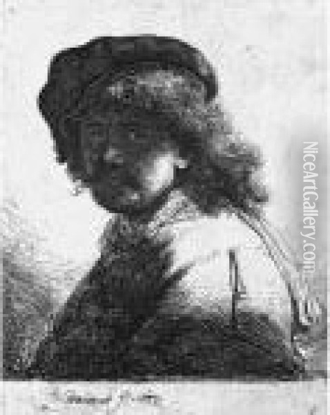 Rembrandt In Cap And Scarf With The Face Dark, Bust Oil Painting - Rembrandt Van Rijn