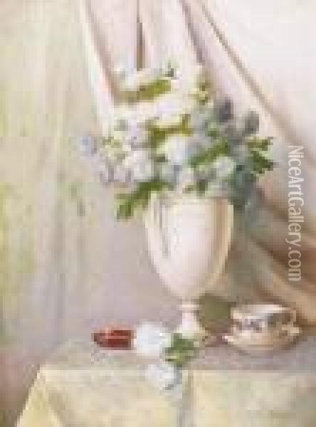 White Still Life Of Flowers Oil Painting - Akos Tolnay