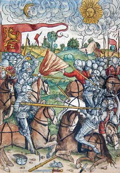 The battle of Gibeon and the sun and moon standing still at the request of Joshua, from Le tresor, ou recipient de la vraie richesse du salut de la beatitude eternelle by Koberger, published in Nuernberg, 1491 Oil Painting - Michael Wolgemut