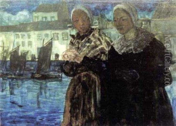 Femmes De Douarnenez Sur Le Port Oil Painting - Charles Cottet