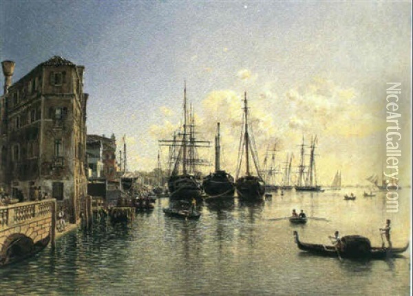 Ansicht Von Venedig (blick Auf Die Brucke Veneta Marina Und Via Garibaldi In Castello, Im Hintergrund Die Giardini) Oil Painting - Rudolf von Alt