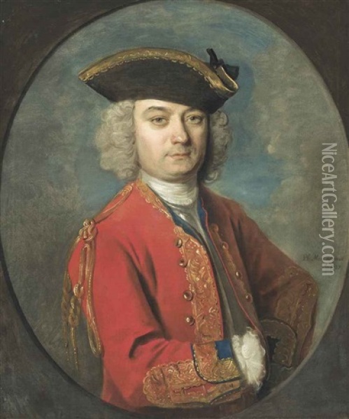 Portrait Of Louis De Jean (d.1764), Half-length, In A Red, Gold-embroidered Uniform And Tricorn Hat, In A Feigned Oval Oil Painting - Philip Mercier