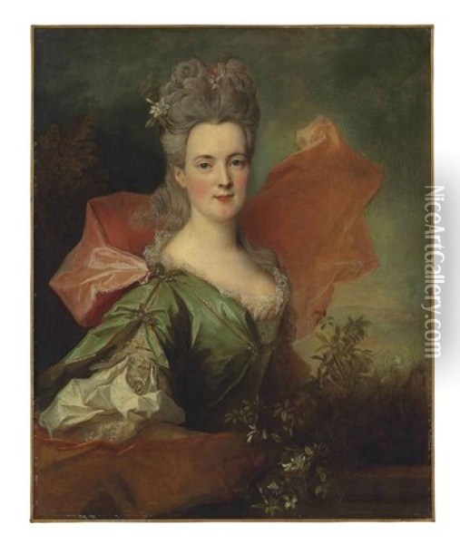 Portrait Of A Lady In A Green Silk Dress Oil Painting - Nicolas de Largilliere