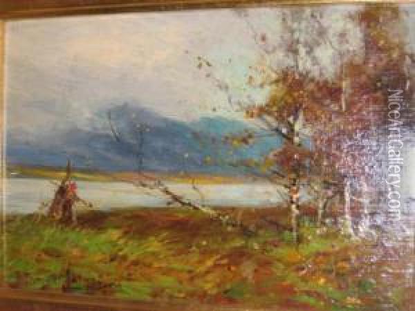 Autumnal Lakeside Scene Oil Painting - Tomson Laing