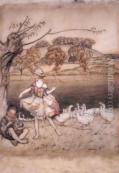 Tattercoats dancing while the gooseherd pipes, illustration from English Fairy Tales, retold by F.A. Steel, published 1918 Oil Painting - Arthur Rackham