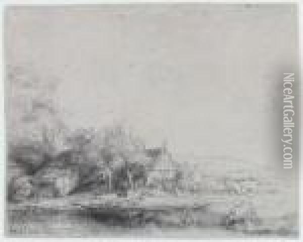 Die Landschaft Mit Der Saufenden Kuh. Radierung Oil Painting - Rembrandt Van Rijn