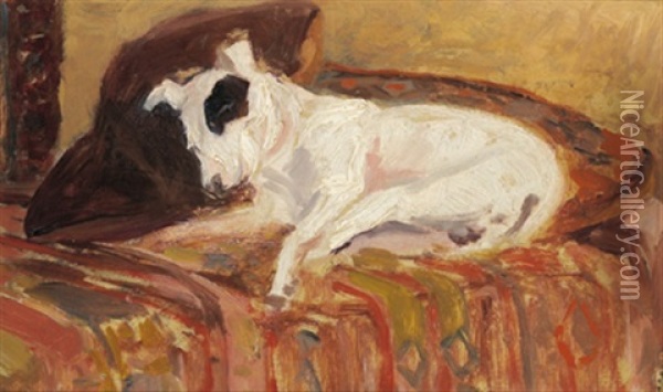 Weiser Hund Auf Sofa (jack Russell) Oil Painting - Michael Gorstkin-Wywiorski