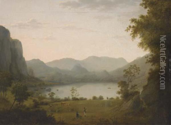 Figures Conversing In A Lake Landscape Oil Painting - Julius Caesar Ibbetson