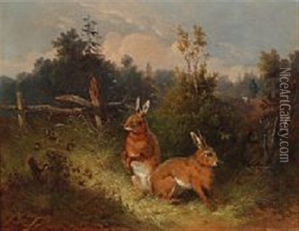 Two Hares Fleeing A Hunter Oil Painting - Wilhelm Melchior