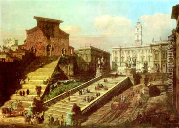 The Piazza Del Campidoglio And The Church Of S. Maria In Aracoeli, Rome Oil Painting - Bernardo Bellotto