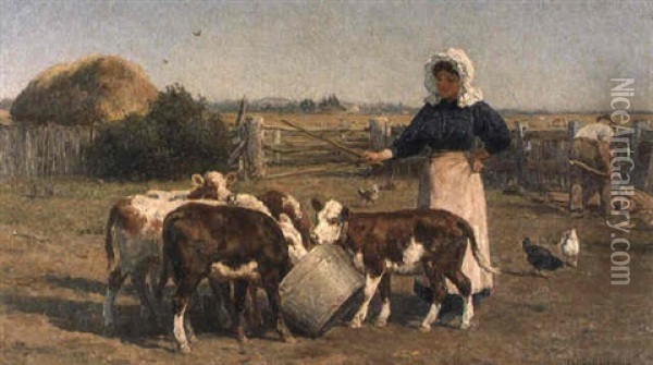 Feeding The Calves Oil Painting - Jan Hendrik Scheltema