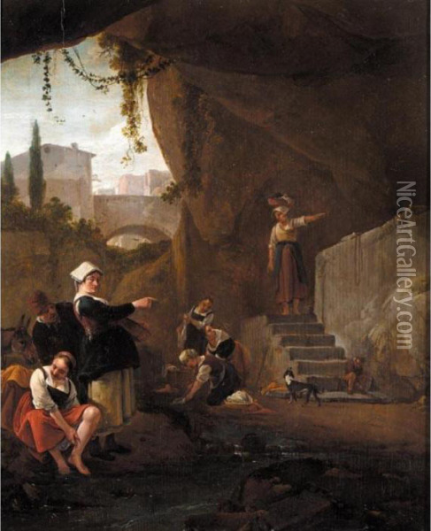 Interior Of A Cave With Women Washing Their Laundry In A Stream Oil Painting - Thomas Wyck