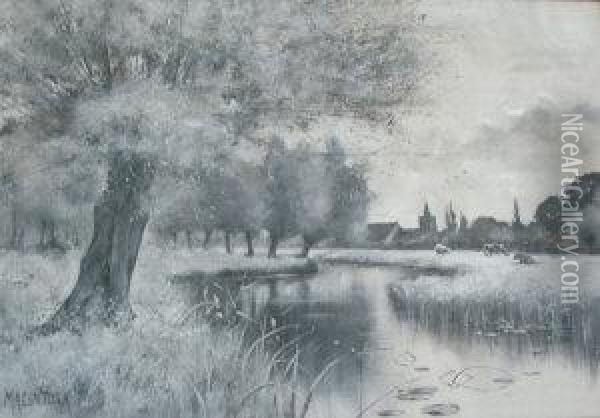 River Landscape With Willow Trees Oil Painting - John Macintosh Macintosh