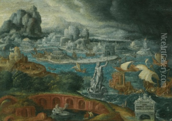 Classical Landscape With Ships Running Before A Storm Towards A Classical Harbour, Probably Corinth Oil Painting - Maerten Jacobsz van Heemskerck