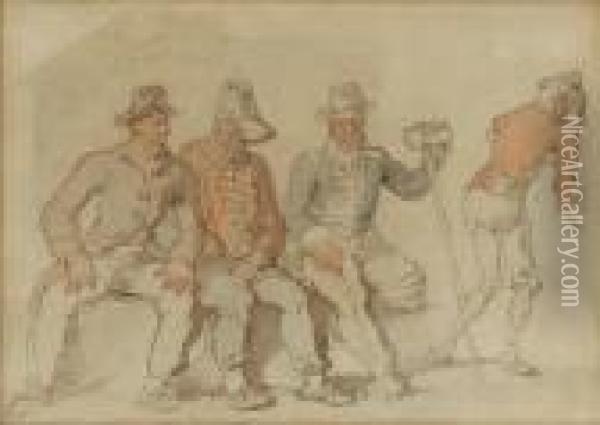A Study Of Four Men, Three Seated, Three Inuniform Jackets, Some Wounded Oil Painting - Thomas Rowlandson