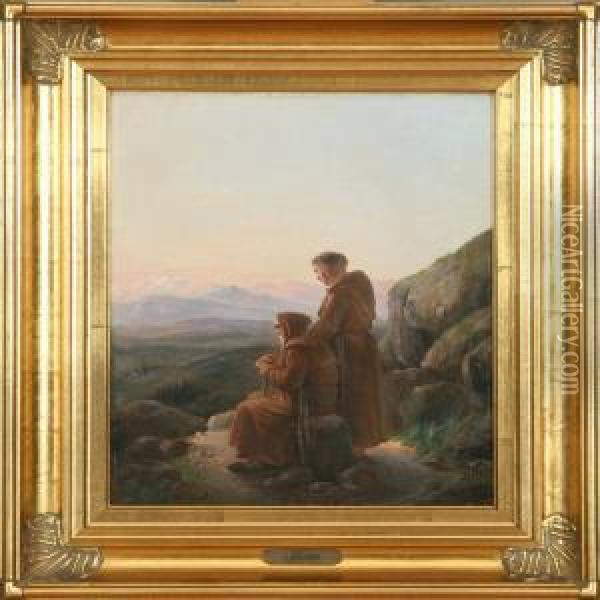 Two Friars In A Mountain Landscape Oil Painting - Christian Andreas Schleisner