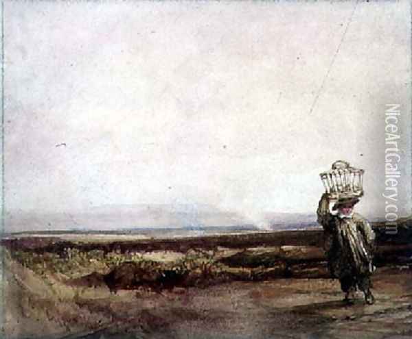 A Boy carrying a Basket on his Head, in a Moorland Landscape Oil Painting - Luke Clennell