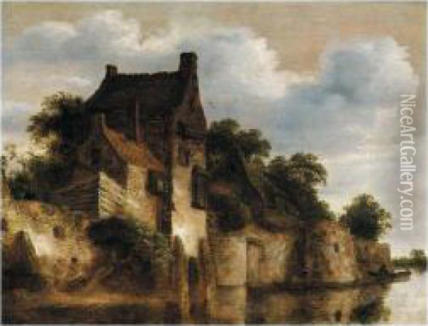 A River Landscape With Houses 
Above A Set Of Ramparts On The Edge Of The Water, Figures In A Boat 
Below Oil Painting - Roelof van Vries