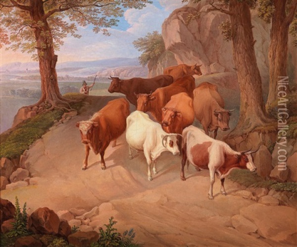 Herd And Herdsman In An Open River Landscape Oil Painting - Joseph Feid