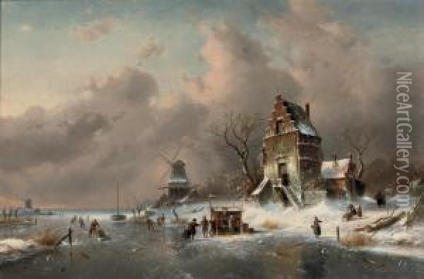 Numerous Skaters Near A Koek-en-zopie On A Frozen Waterway By Amansion Oil Painting - Charles Henri Leickert