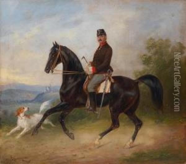 Offizier Mit Pferd Vor Landschaftshintergrund Oil Painting - Carl Martin Von Ebersberg