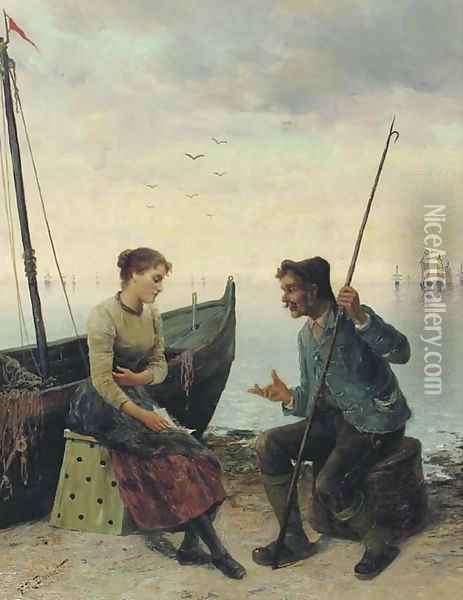 Conversing on a quay Oil Painting - Frederick Reginald Donat