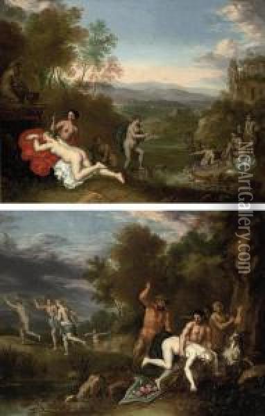 A Wooded River Landscape With Diana And Her Nymphs Bathing Oil Painting - Daniel Vertangen
