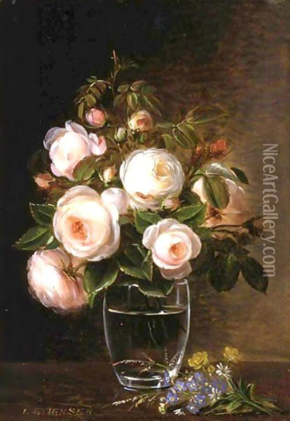 Roses In A Glass Vase With Yellow Buttercups, Forget-Me-Nots And Chickweed On A Marble Ledge Oil Painting - Johan Laurentz Jensen