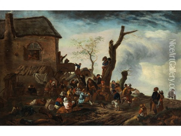 Landliches Fest Vor Einem Gebaude Mit Strohdach Oil Painting - Philips Wouwerman