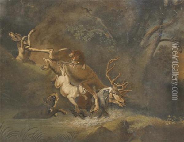 Depicting The Death Of A Stag, In Giltwood And Gesso Frame Oil Painting - Benjamin Zobel