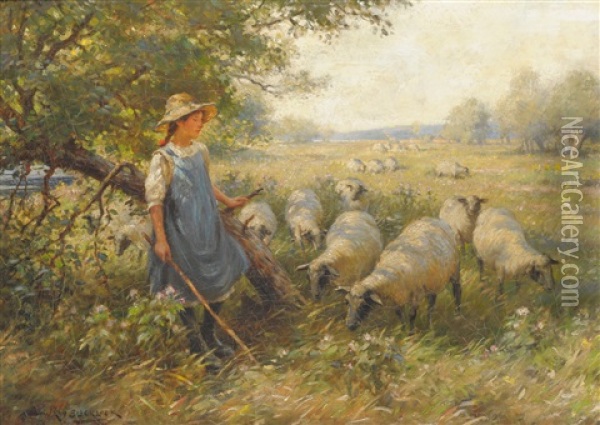 Landscape With A Shepherdess And Sheep In The Shade Of A Tree Oil Painting - William Kay Blacklock