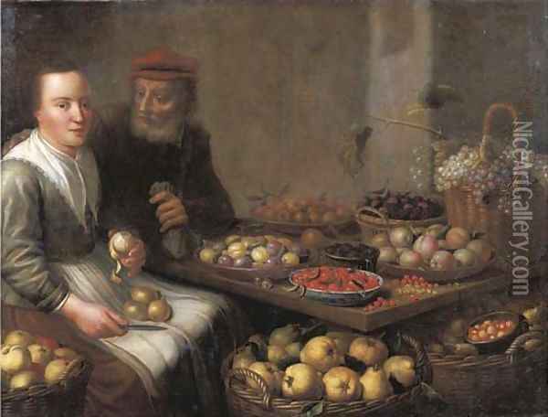 A kitchen interior with a peasant woman peeling a pear, at a table with grapes, plums, blackberries, cherries and other fruits on earthenware plates Oil Painting - Floris Gerritsz. van Schooten
