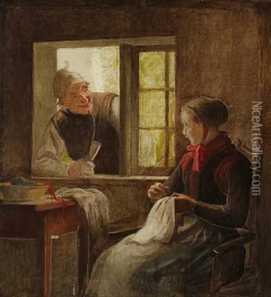 En Passiar (old Man And Young Woman In Conversation, Amager) (study) Oil Painting - Johann Julius Exner