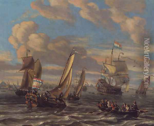 Shipping on the IJ off Amsterdam with a bezan yacht, a Dutch man-o'-war, a wherry and other shipping Oil Painting - Johannes de Blaauw