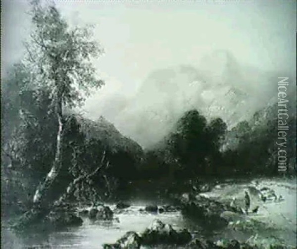 A Highland River Landscape Oil Painting - James Poole