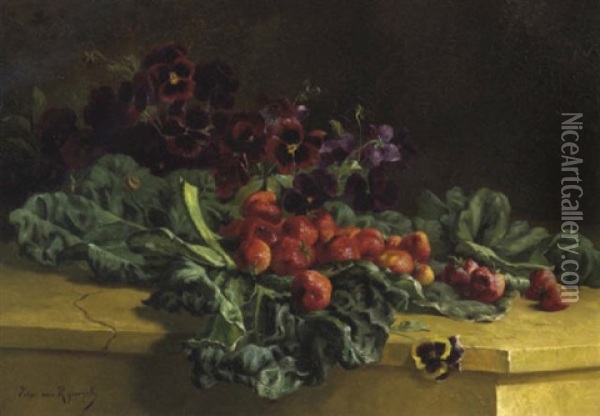 Stilleben Mit Stiefmutterchen Und Erdbeeren Oil Painting - Edward van Ryswyck