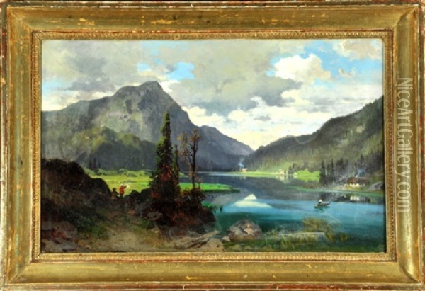 Gebirgssee Mit Boot Und Wanderern Am Uferweg Oil Painting - August Loehr