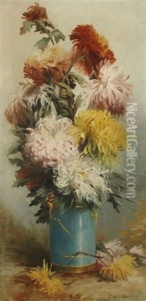 Bouquet De Chrysanthemes Dans Un Vase Oil Painting - Cecile Desliens