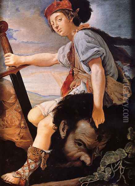 David With The Head Of Goliath Oil Painting - T. Flatman