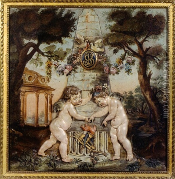 Couple D'amours Au Pied D'une Stele Devant Un Trophee Oil Painting - Antoine Besancon