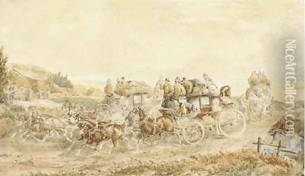 Two opposition coaches passing at speed Oil Painting - Charles Cooper Henderson