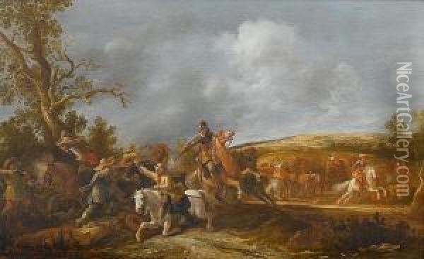 Travellers Ambushed On A Country Path With A Gentleman On A White Charger Being Shot Oil Painting - Jan the Younger Martszen
