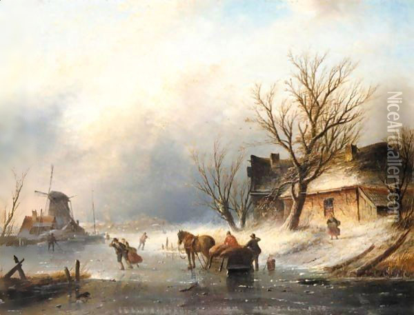Figures Skating On A Frozen River Near A Windmill Oil Painting - Jan Jacob Coenraad Spohler