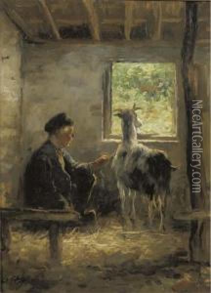 Tending To The Goat Oil Painting - Gijsbertus Jan Sijthoff