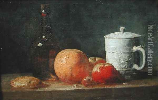 Still Life with Fruit and Wine Bottle Oil Painting - Jean-Baptiste-Simeon Chardin