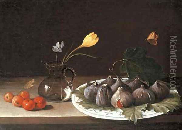 A vase with a crocus and a cyclamen, figs in a porcelain dish and crab apples on a stone ledge, with a butterfly Oil Painting - Luca Forte