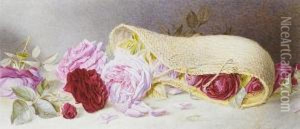 Roses Spilling From A Wicker Basket Oil Painting - Mary Elizabeth Duffield